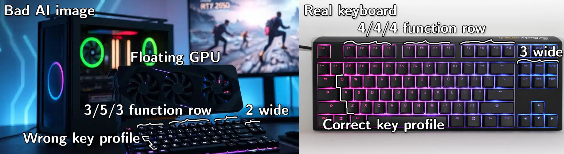 Side-by-side comparison of the AI-generated keyboard image with a real keyboard.
