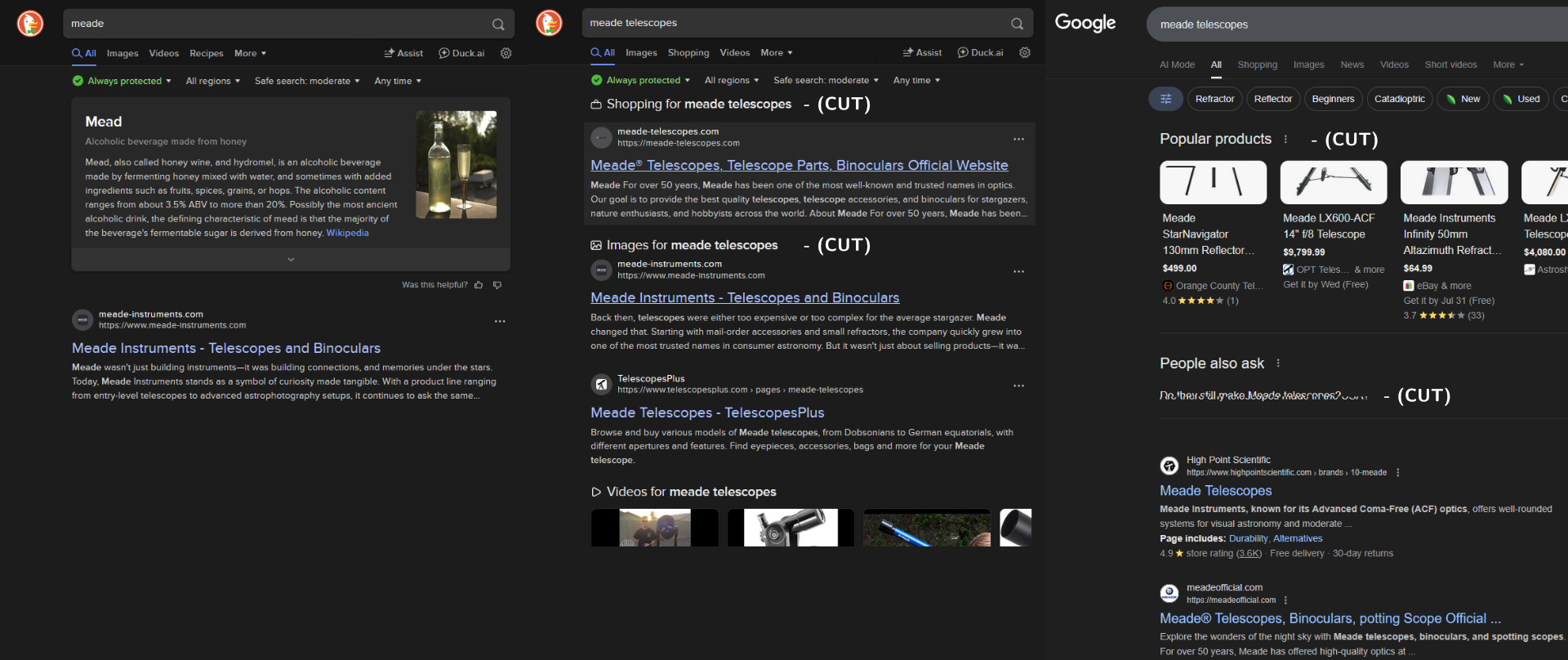 Screenshots of search engine results for Meade: two DuckDuckGo queries and one Google, all with fake Meade websites ranking near the top.