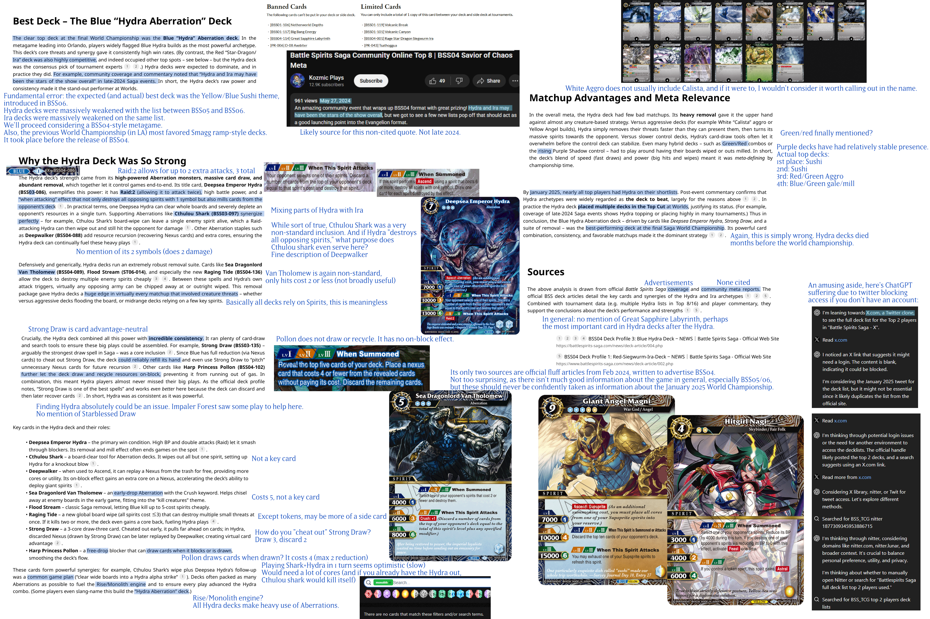 Compilation of errors in its Battle Spirits Saga analysis. Multiple per paragraph.